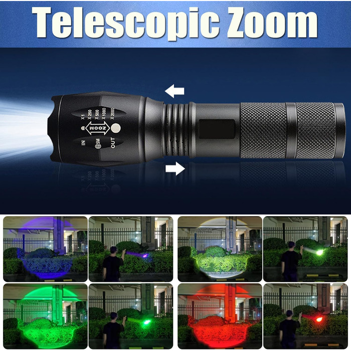 Ліхтар POCKETMAN Zoombar LED з 4 кольорами (червоний, білий, зелений, синій), надзвичайно яскравий, перезаряджається, 4 режими, багатофункціональний для відпочинку на природі, астрономії, нічного бачення та походів