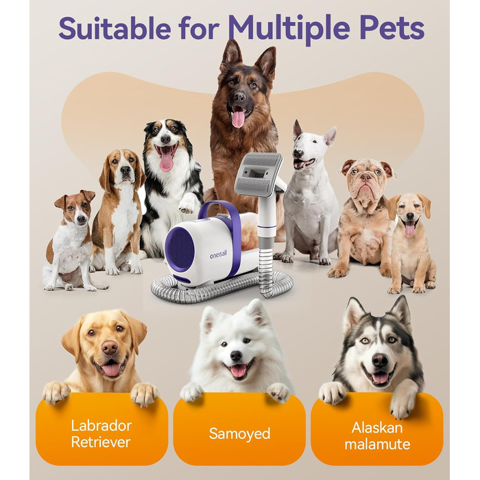 Пилсос для собак та котів Oneisall з турбощіткою, потужність 12000Pa, видаляє шерсть, 4 насадки, об'єм 1.5л, фіолетовий