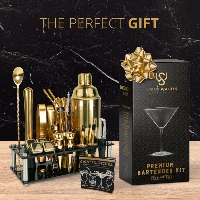Golden 24-Piece Cocktail Shaker Set with Stand - Complete Home Bar Kit
