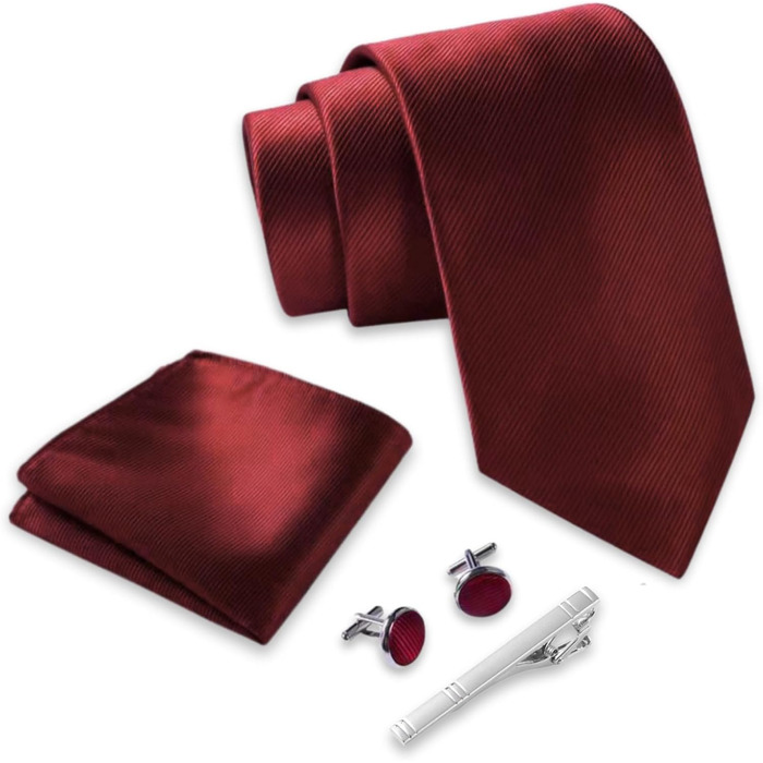Массі Моріно: Комплект краватки з нагрудною хустиною для чоловіків. Включає краваттяну голку, запонки та подарункову коробку. Ідеальний вибір на весілля. Винотний колір, універсальний розмір.