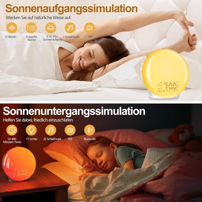 Bluetooth Alarm Clock, Daylight Alarm Clock, Wake-Up Light with Sunrise/Sunset Simulation, 17 Color Lights, 22 Sleep Sounds, Snooze, Two Alarms, FM Radio, for Heavy Sleepers & Kids