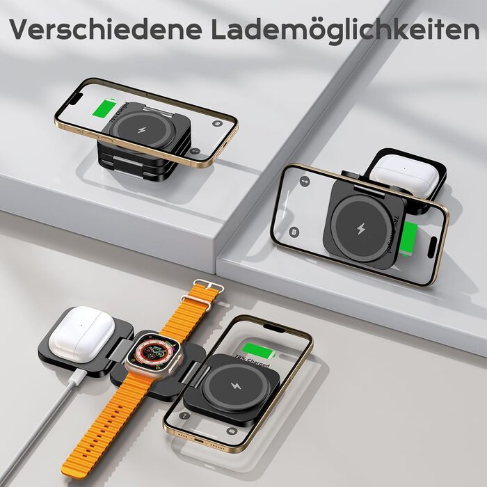 KU XIU Бездротова зарядна станція 3-в-1 MagSafe для iPhone 17/16/15/14/13/12, Apple Watch, AirPods. Складний зарядний пристрій для подорожей, чорний + адаптер