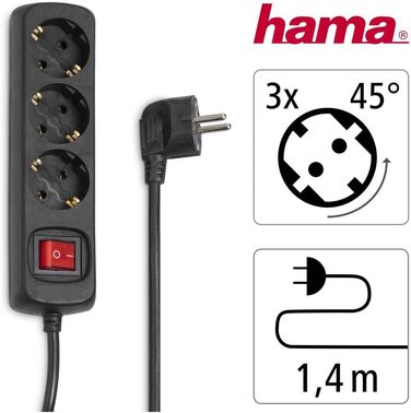 Многорозетка Hama з вимикачем для економії енергії, 3 розетки, чорний колір, кабель 1.4м, кут нахилу 45°, GS сертифікат, для дому та офісу