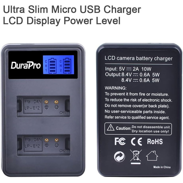 Акумулятор DuraPro 1800mAh LP-E12 + LCD зарядний пристрій Dual USB для Canon EOS M, M2, M10, M50, Rebel SL1, 100D