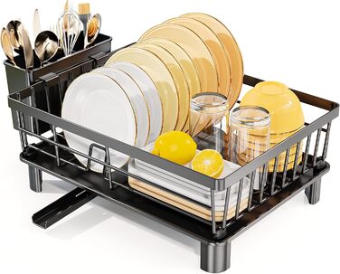 LIONONLY Dish Drainer Rack, Small Dish Drainer with Drip Bowl, Stainless Steel Dish Drainer with Drip Surface and Swivel Spout, Dish Drying Rack for Space-Saving