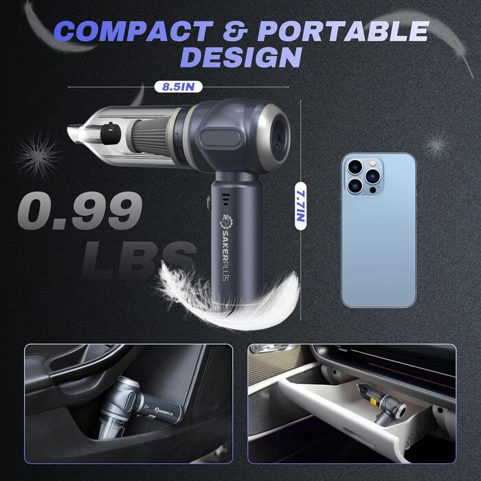 Автомобільний пилосос SakerPlus 3-в-1 бездротовий портативний (17500PA, сірий)