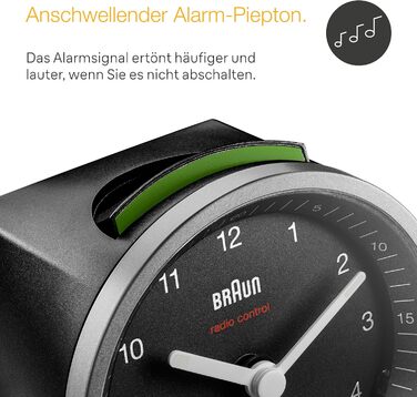 Braun Classic Analog Radio Alarm Clock, Central European Time Zone (CET/GMT+1) with Snooze Function and Illumination, Silent Movement, Crescendo Alarm, Black and Silver, Model BC07SB-DCF.