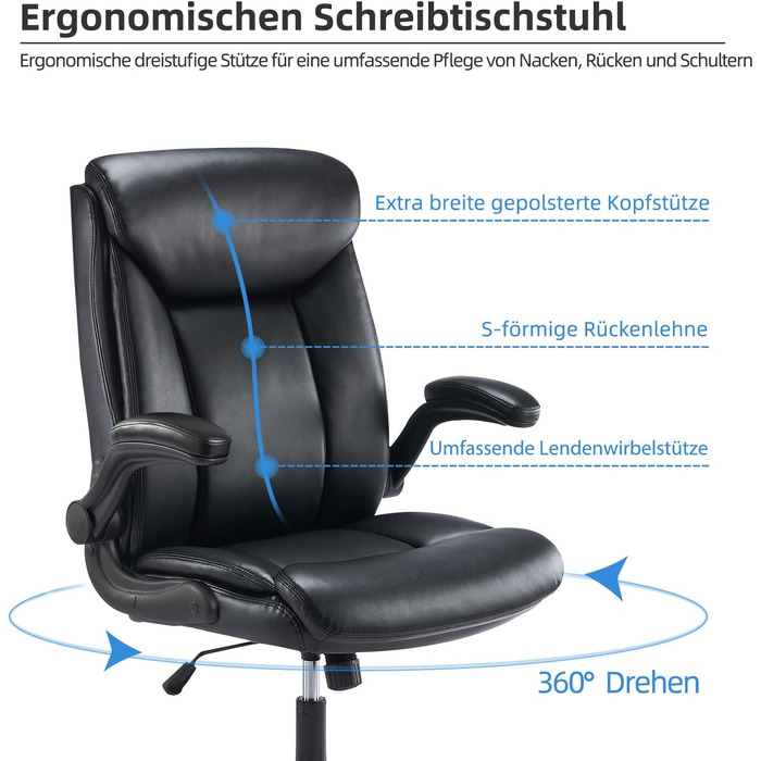 Ергономічне крісло для офісу, ігрове, з підлокітниками, регульоване по висоті, з PU шкіри (Чорний)
