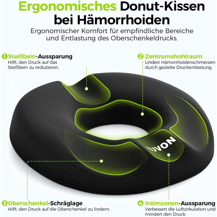 Ортопедична подушка для сидіння AUVON кругла з подвійною U-подібною формою та нахилом для полегшення навантаження на стегна, подушка для геморою, офісне крісло, автомобіль, сидіння, підвищує комфорт сидіння, покращує кровообіг, полегшує куприк