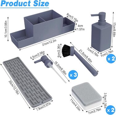 CAUTIOUS 350ml Sink Organizer with Brush, Soap Dispenser Sponge Kitchen Dish Soap Dispenser Set Made of Plastic, Sink Organizer with Two Soap Dispensers, Kitchen Gadget Organizer (gray)