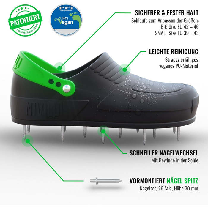 Nivilli AIR - Nail Clog, lawn aerator shoes for easy aeration or scarifying of the lawn. (SMALL 39-43)
