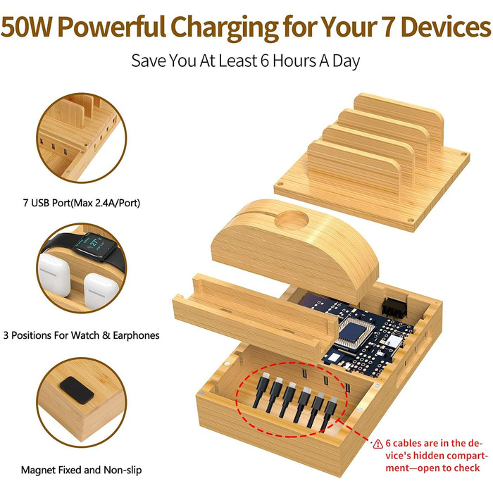 Багатофункціональна заряджна станція 5-в-1 з бездротовою зарядкою, світлом та годинником, бамбук, сумісна з годинниками, AirPods, Samsung Galaxy та іншими пристроями