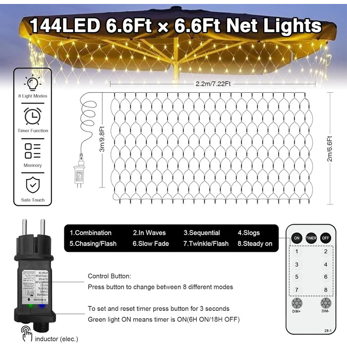 Ланцюжок прикрас LED 144 світлодіодів, мережа, тепле біле світло, для зовнішнього та внутрішнього використання, з пультом, таймером, 8 режимів, для кущів, саду, ялинки, кімнати, балкону