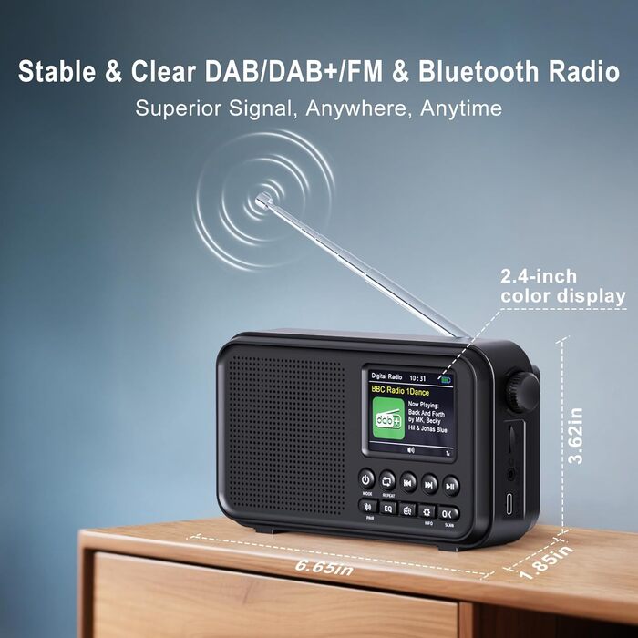 Портативне DAB/DAB+ радіо з Bluetooth 5.0, FM, акумулятором 3000mAh, дисплеєм 2.4