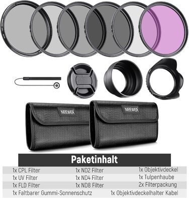 Набір фільтрів Neewer 82mm ND: UV, CPL, FLD, ND2, ND4, ND8, бленда, кришка об'єктива, сумісний з Canon, Nikon, Sony, Panasonic, DSLR
