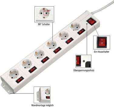 Мережевий фільтр Hama з 6 розетками, захист від перенапруги, поворот на 90°, монтаж на стіну, XL роз'єми, кабель 1,4м