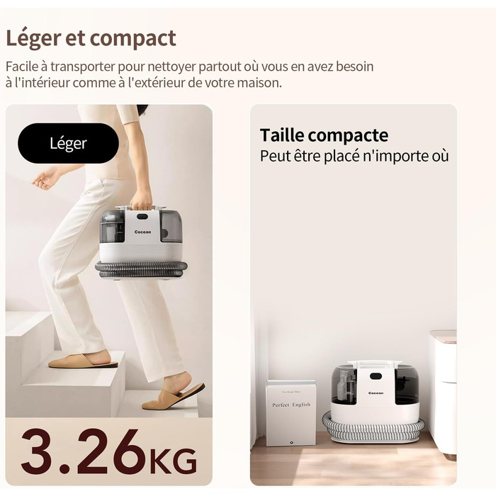 COCEAN Вакуумний пилосос для килимів та м'яких меблів | Комбінований килимовий та м'який пилосос | Мокрий/сухий пилосос з потужним всмоктуванням | Ідеально підходить для дивану та авто, колір Milky White