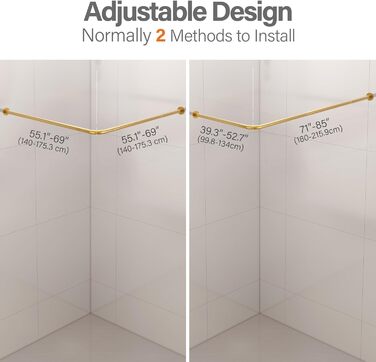 Кутова штанга для душу L-подібної форми, регульована, 90° поворот, з 12 гачками та підставкою для стелі - Золото