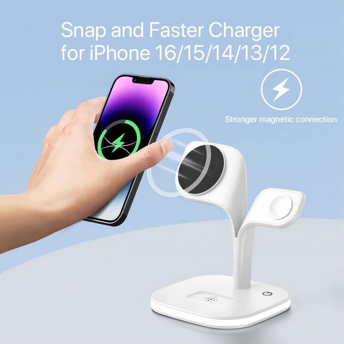Зарядний станція 5-в-1 для iPhone з MagSafe, сумісна з iPhone 16/15/14/13/12, Apple Watch та AirPods, складана, білий колір