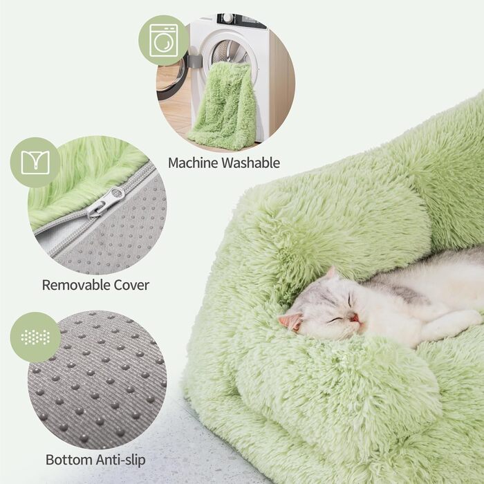 MEWOOFUN Stylish Cat Bed Cat Sofa Fluffy - 76x45cm Cat Bed Large Plush Cat Couch for Small Dogs and Cats Removable and Washable (green)