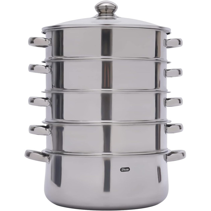 Паровар багаторівневий 5-ти ярусний, пароварка індукційна з нержавіючої сталі, парові грати, пароварка, каструля-пароварка з кришкою з термостійкого скла, діаметр 30 см