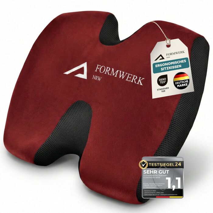 Ортопедична подушка для сидіння Formwerk NRW - Преміум ергономічна подушка для офісу та авто з 3D Memory Foam, сертифікат OEKO-TEX-100 (60-100 кг), червона