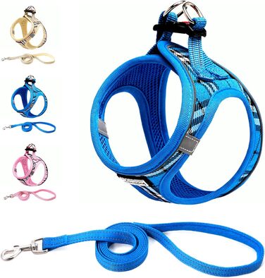 Шлейка для собак Suredoo для маленьких і середніх порід, анти-тяга, дихаюча, з поводом (M, 34-39см; XL, 46-53см, 8-10.5кг), блакитна в клітинку