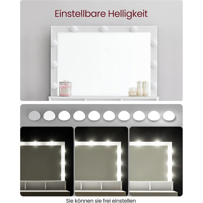 VASAGLE туалетний столик з LED-підсвіткою, регульована яскравість, дзеркало, 2 шухляди та 3 відкриті полиці, сучасний, білий