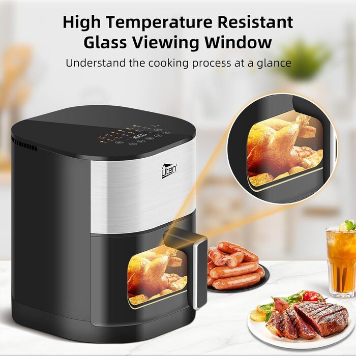 Ультра-сучасна аерофритюрниця Uten Dual Blaze 2000 Вт, без олії, 5,5 л, з оглядовим вікном, 14 програм, рецепти, відкладений старт, без перевертання продуктів, срібляста, квадратна форма
