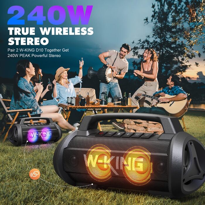 W-KING Bluetooth колонка 120W з басом 70W, портативна Party-Box IPX6, 42 год, BT 5.4, DSP, EQ, стерео, RGB, для кемпінгу, пляжу, саду, вечірок, чорна