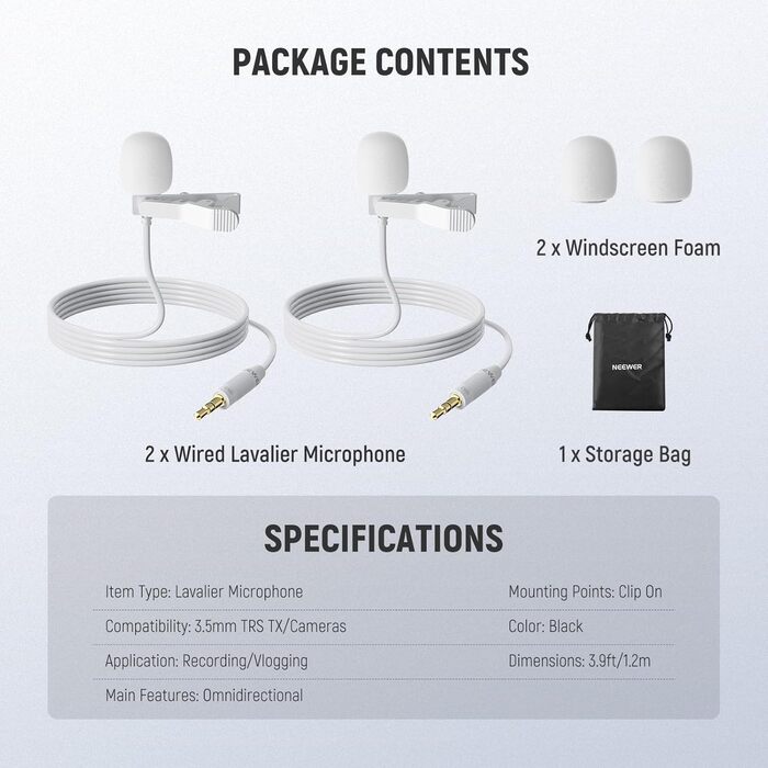 NEEWER Мініатюрний USB-C Лавалерний Мікрофон 2 шт. для iPhone 16 15 Pro Max, Android, Телефонів, Планшетів, ПК. Однонаправлений конденсаторний мікрофон з кабелем 2м (CM5(2 шт. білий) з 3,5 мм TRS роз'ємом)
