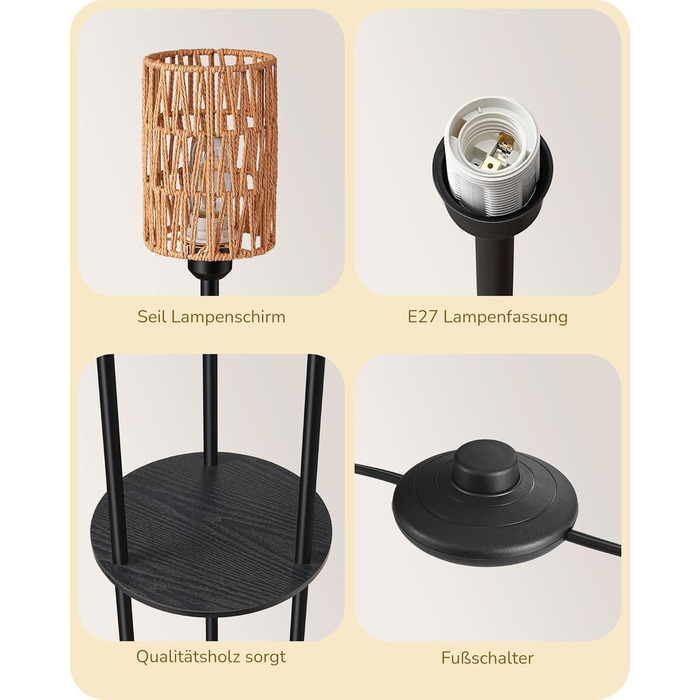 Стійка лампа EDISHINE для вітальні з трьома плафонами, вінтажний стиль, полиця, абажур з ротангу, 3 x E27, з лампочками, бохо-стиль, з вимикачем на ніжці, 178 см, чорний