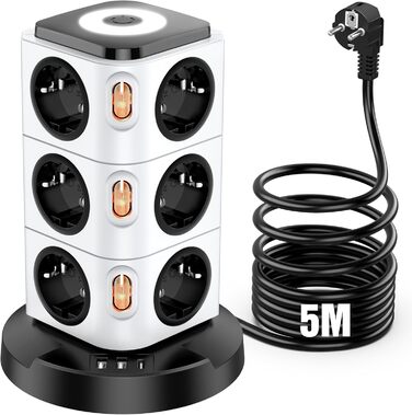 Багаторозкладна мережева розетка Acodot Tower з USB, 12 розеток, захист від перенапруги, 4 вимикачі, нічник, 3 USB-порти, кабель 3м, 2500W, для офісу, білий