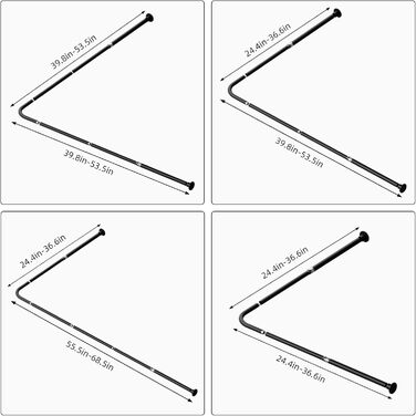 Штанга для душу L-подібної форми, розсувна, 62–94 x 141–174 см, з 16 кільцями, для ванни/душу, чорний нержавіючий сталь