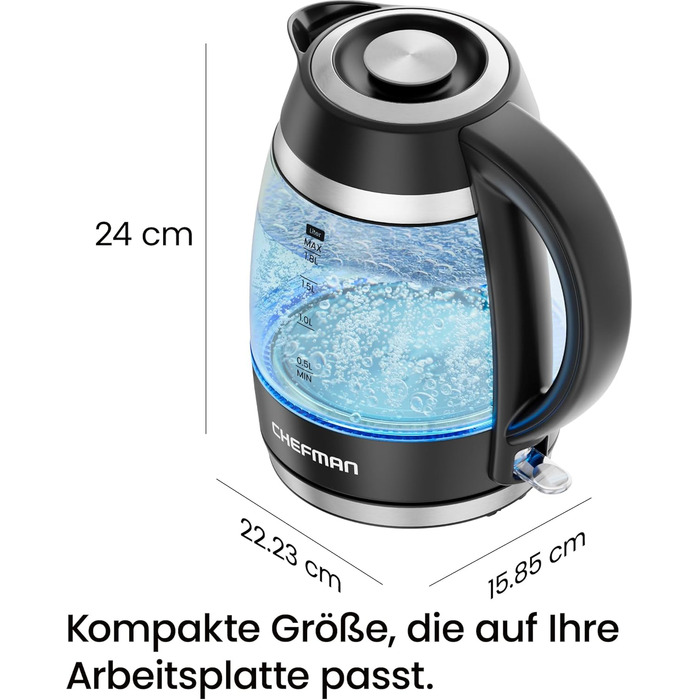 Електричний чайник Chefman 1.8L з нержавіючої сталі, 3000W, знімний кришка, автоматичне відключення, захист від сухого кипіння, фільтр з нержавіючої сталі, BPA Free, чайник з боросилікатного скла