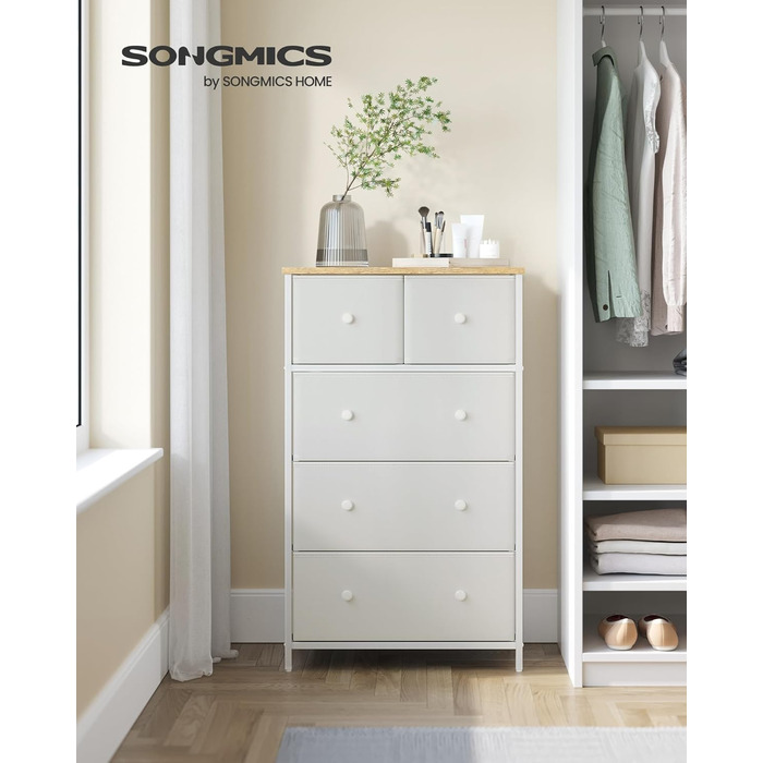 SONGMICS Chest of Drawers, Storage Cabinet, 5 Fabric Drawers, for Entryway, Living Room, White-Oak Finish LTS514W57