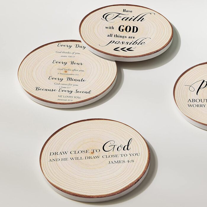 Hoomey Drink Coasters with Bible Verses, 6 Pack - Absorbent Drink Coasters with Holder, Ceramic Coasters with Cork Back for Table Protection, Christian Coasters, Christian
