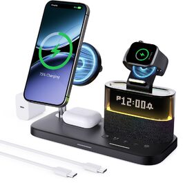 5-в-1 Бездротова зарядна станція з годинником та нічною лампою для iPhone 17/16/15/14/13/12 Pro Max, Apple Watch та AirPods - 33W адаптер (Чорний)
