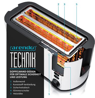 Тостер Arendo з нержавіючої сталі з 4 широкими слотами, подвійними стінками, інтегрованим тримачем для булочок, ступенями підсмажування 1-6, центровкою хліба, автоматичним вимкненням та дисплеєм з індикатором часу. Колір: білий