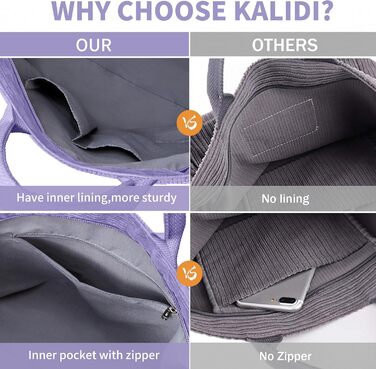 Сумка жіноча KALIDI Cord Shopper повсякденна через плече для школи, роботи, покупок (фіолетова)