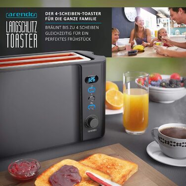 Arendo - Stainless Steel 4-Slice Long Slot Toaster, Defrost, Heat-Insulating Housing, with Integrated Bun Tray, 1500W, Crumb Tray, Display, Cool Grey A: Cool Grey