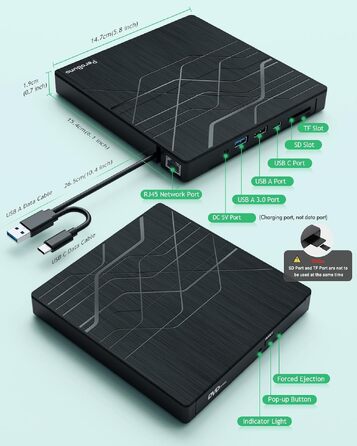 Зовнішній DVD-привід PeroBuno USB 3.0 Type-C, CD/DVD ROM +/-RW, ультратонкий оптичний накопичувач та записник для ноутбука, ПК, MacBook (Windows, Linux, macOS)