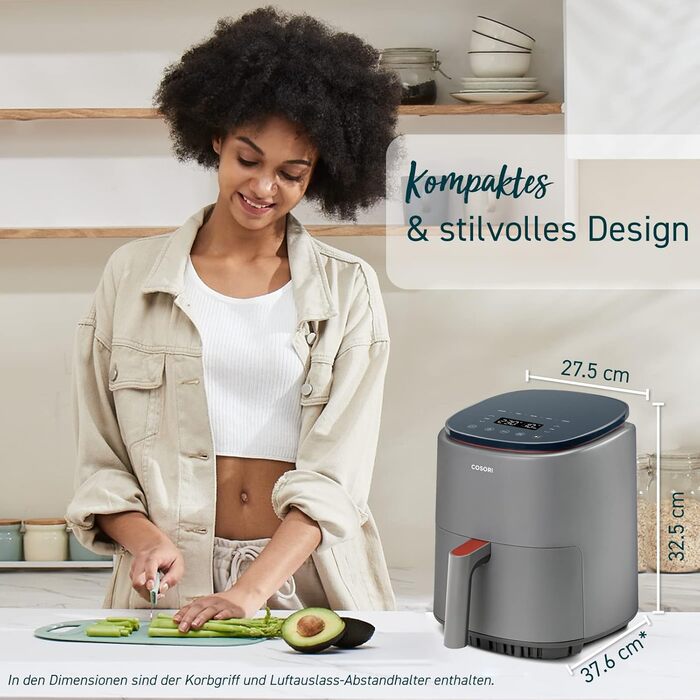 COSORI Lite Air Fryer 3.8L, 7 Functions, MAX 230℃, WiFi Connected, airfryer XL, Compact Air Fryer, 100+ PDF Recipes, 1500W, Dishwasher Safe, Grey 3.8L Grey