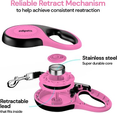 Hundeleine Edipets висувна та втягувана, 5 м, рожева, для собак малих, середніх та великих порід