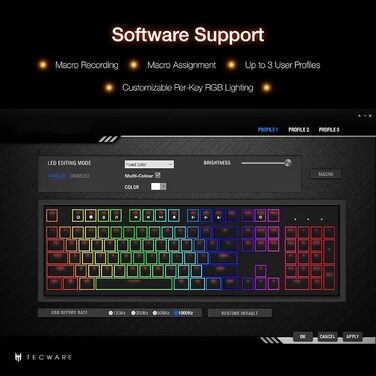 Механічна клавіатура TECWARE Phantom+ 87 клавіш RGB (Чорна) з перемикачами Wraith Red (лінійні, 45g)