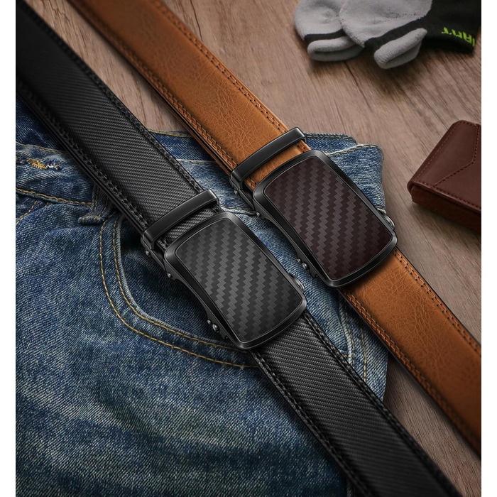 Чоловічі ремені KEMISANT 2 шт., шкіряні ремені з автоматичною застібкою-разом, регульовані, 35 мм, з подарунковою коробкою, чорний/коричневий, 115 см (32'-38' посадка)