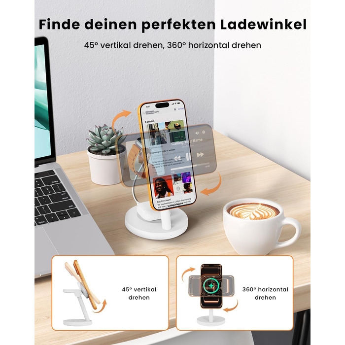 Зарядна станція JoyGeek 3-в-1 з магнітною індукцією 25W для iPhone 17/16, Apple Watch, Samsung Watch та AirPods. Білий матовий.