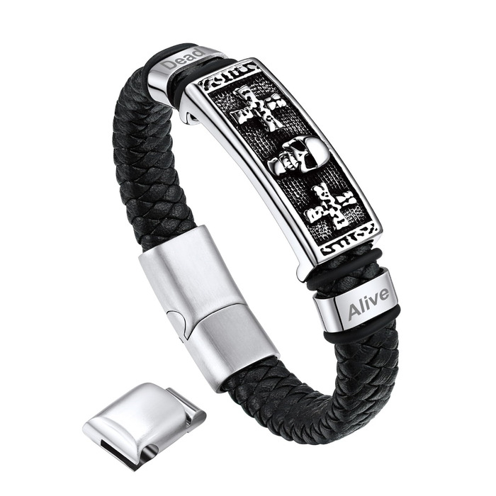 Браслет шкіряний чоловічий Bandmax Mjölnir/Череп/Масонство, гравірування, магнітний замок, 23 см