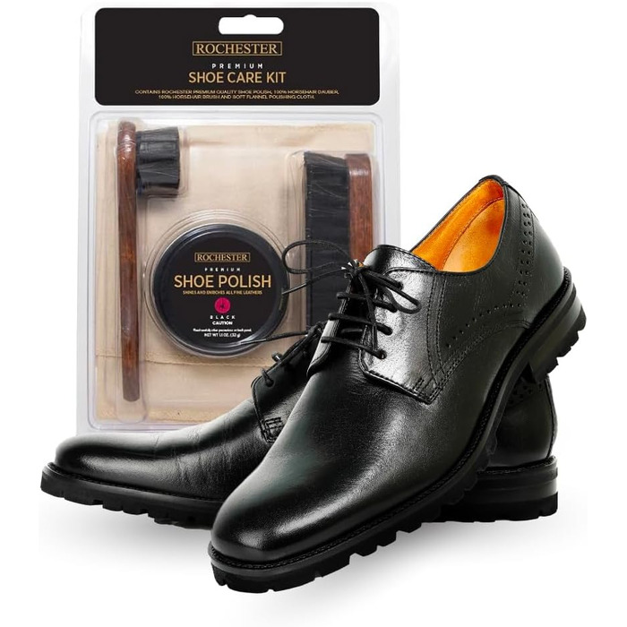 ROCHESTER Premium Shoe Care Set, Leather Shoe Care Kit with Black Shoe Cream, 100% Horsehair Dauber, 100% Horsehair Shoe Brush, and Soft Flannel Polishing Cloth, Shoe Accessories, Natural
