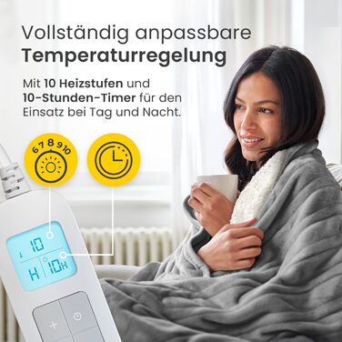 Електрична ковдра Cosi Home 180x130 см з підігрівом, автоматичним вимкненням, захистом від перегріву, з матеріалу Sherpa та Fleece, 10 температурних режимів, пульт керування, сірий колір